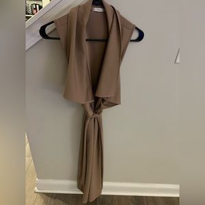 Charming Charlie taupe brown long vest with waterfall collar and tie belt